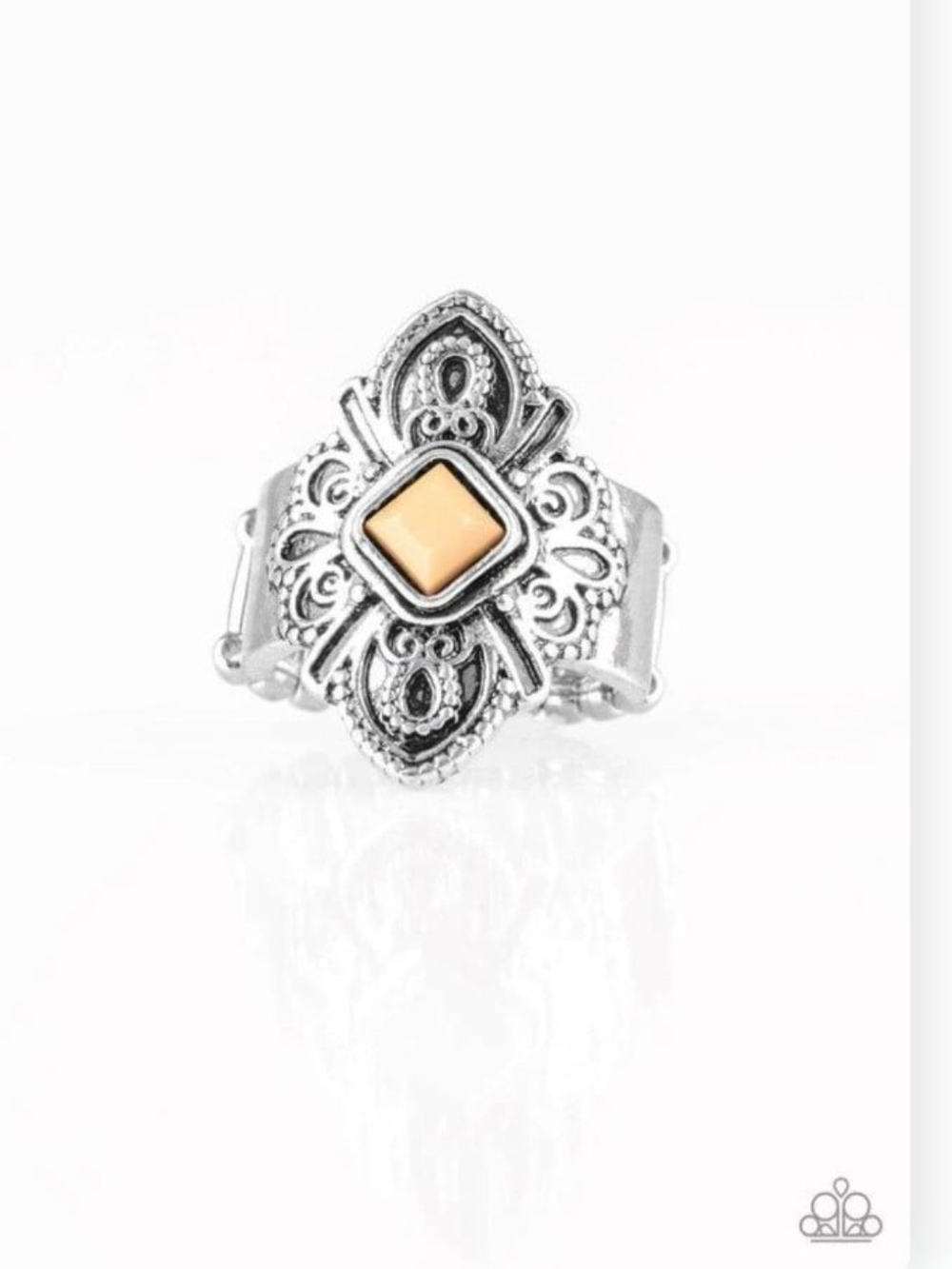 Impressive Trek Record Brown Paparazzi Silver Filigree Ring with Cream Center
